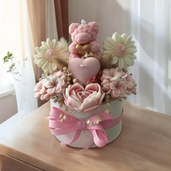 Candle flower bouquet with teddy