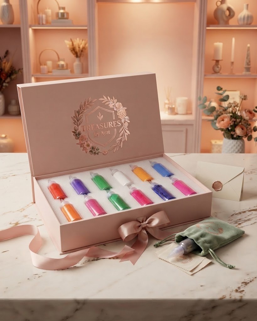 Rangoli colour gift box with ribbon, velvet pouch and note card